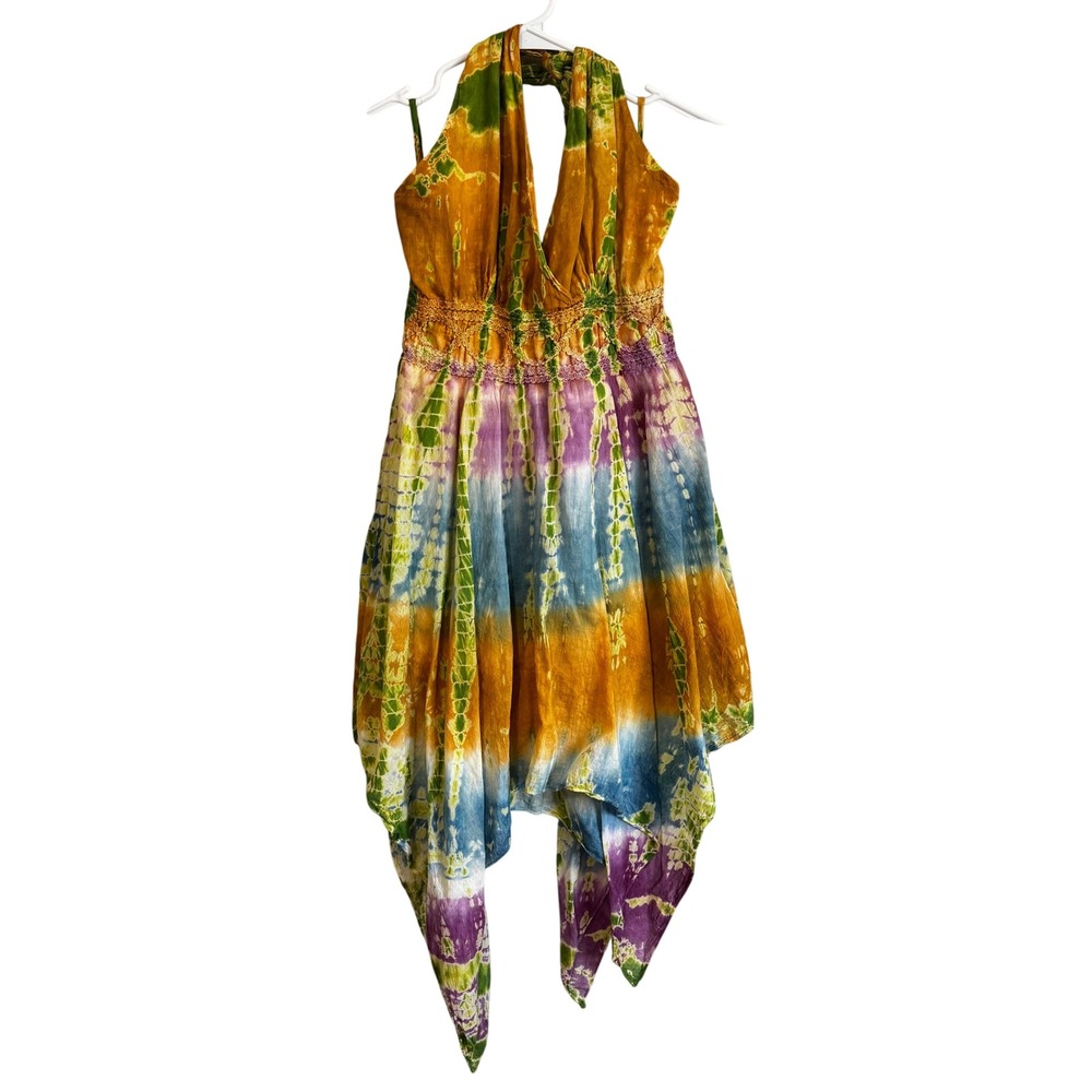 Tie Dye Halter Dress Handkerchief Hem Crochet Waist Boho Sz Small Festival Beach
